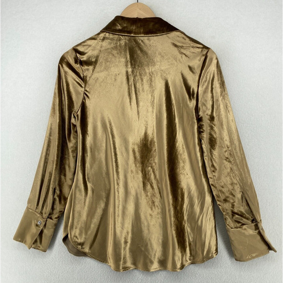VINCE Top Womens XS Shiny Silk Velvet Shirt Button Front Long Sleeve Gold - Picture 4 of 13